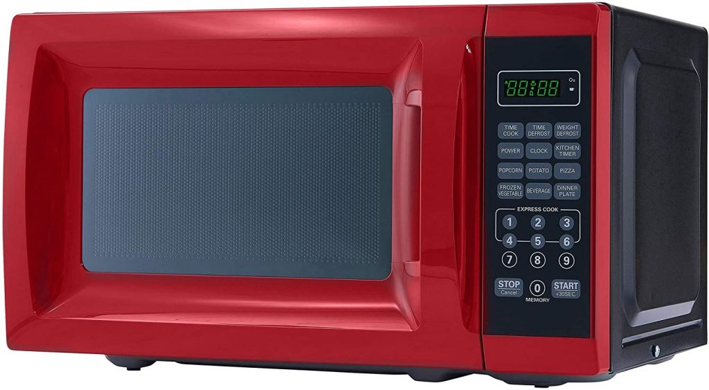 A picture of a mainstays red microwave oven showing the buttons 