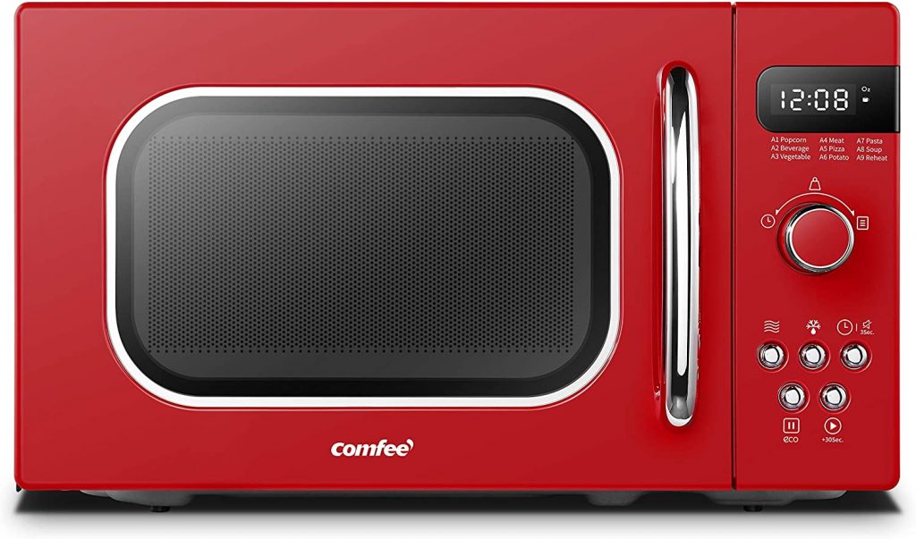A bright red COMFEE-Retro-Countertop-Microwave-oven