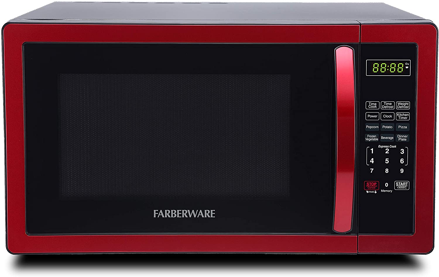 A red Farberware Classic compact microwave oven