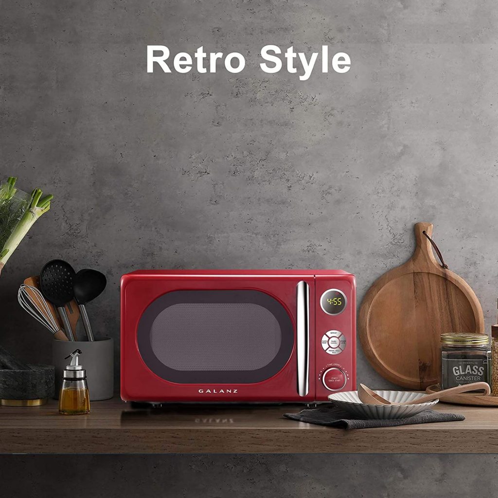 An image of Galanz Retro Microwave oven on a countertop 